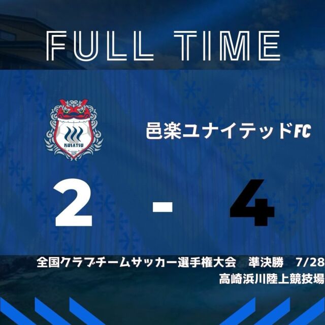 .
【第31回 クラブ選手権 準決勝 vs #邑楽ユナイテッドfc 】

⏰試合結果⚽️

ザスパ草津チャレンジャーズ 2-4 邑楽ユナイテッドFC

⚽️ #羽鳥遥樹( #今井海那都)
⚽️ #山口峻平

前半後半、共に立ち上がりに2得点ずつ許してしまい、前半に2点返すも敗戦となりました
暑い中沢山の熱い応援、ありがとうございました！！

#ザスパ草津チャレンジャーズ