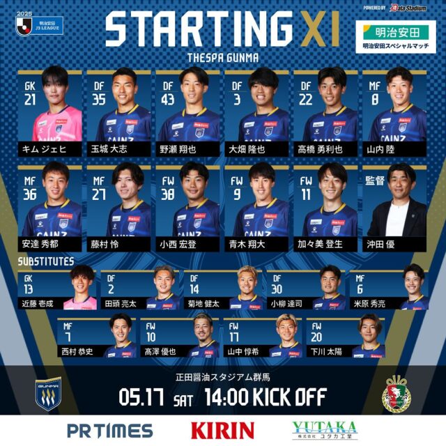 【明治安田J3リーグ 第13節】
#ザスパ群馬 🆚 #高知ユナイテッドSC
⏰14:00KO 🏟#正田スタ
／
スタメン発表📢
＼

本日のスターティングメンバ―が発表となりました🔥
熱い応援をよろしくお願いします‼

🔵#DAZN 加入はこちらから
➡https://rcv.ixd.dmm.com/api/surl?urid=Cgk43JoH

#thespa
#ChasingGlory